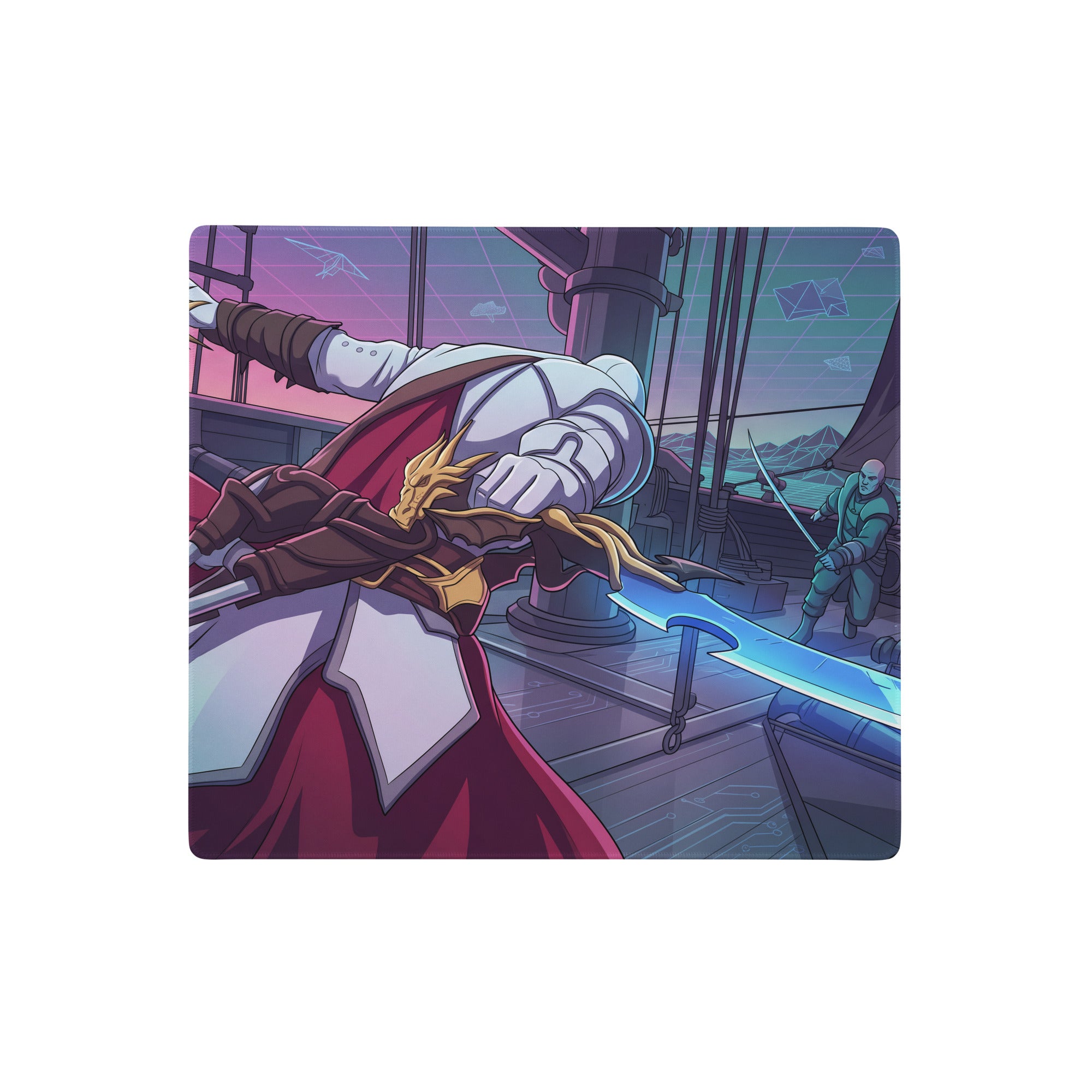 Rectangular vaporwave neon dragon gaming mousepad with anime knight in white armor wielding blue sword on ship at dusk