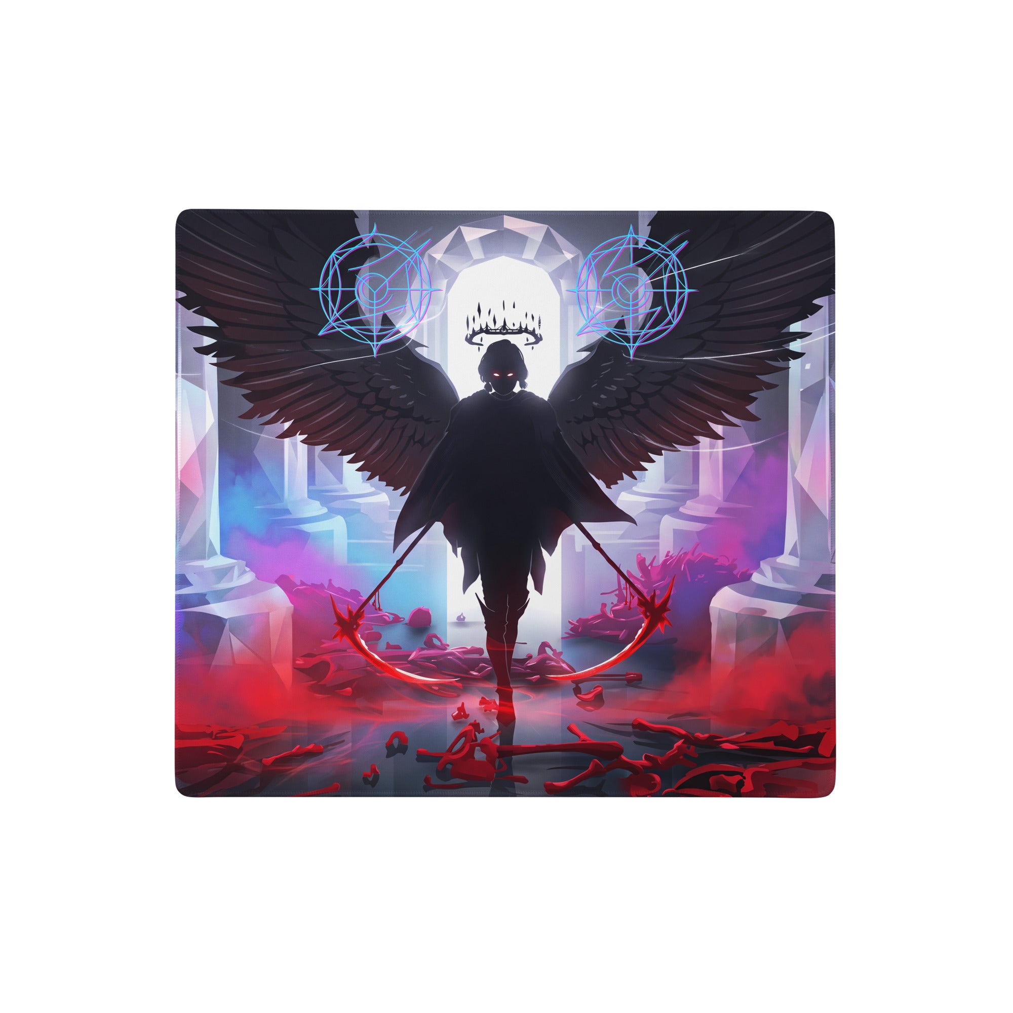 Neon vaporwave wings gaming mousepad with dark angelic figure, black wings, crown, and glowing blue symbols on purple red background