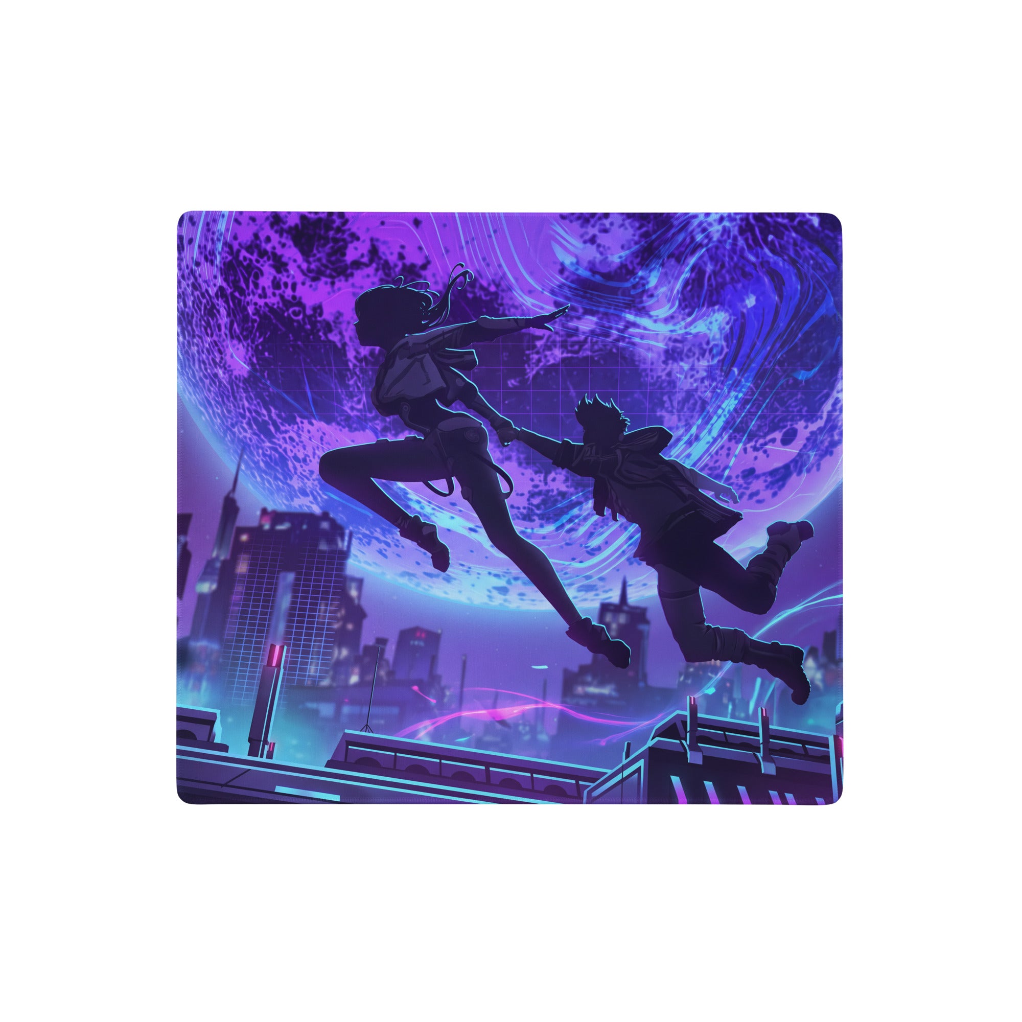 Neon mirage vaporwave mouse pad featuring purple and blue neon-lit anime silhouettes leaping over cosmic cityscape