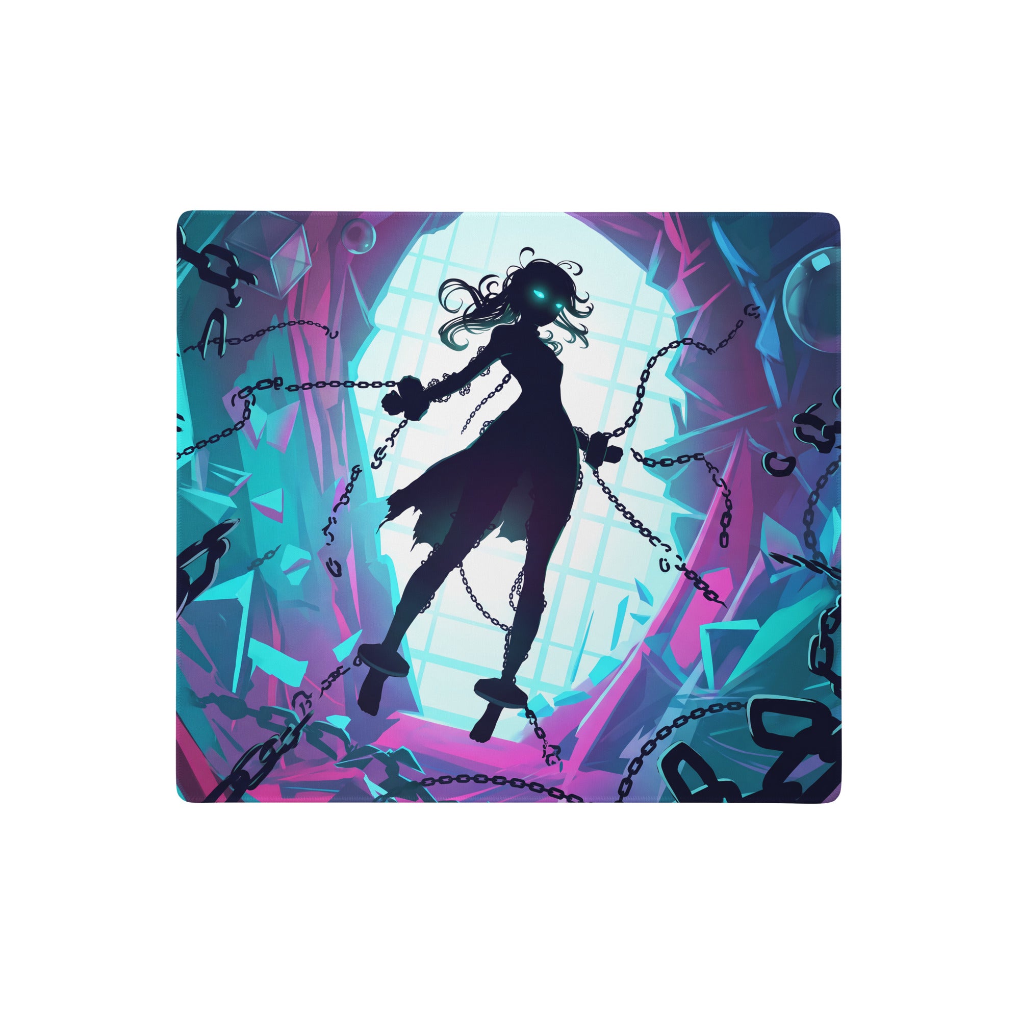Neon vaporwave gamer mouse pad with vibrant neon pink and teal colors featuring stylized figure in chains design