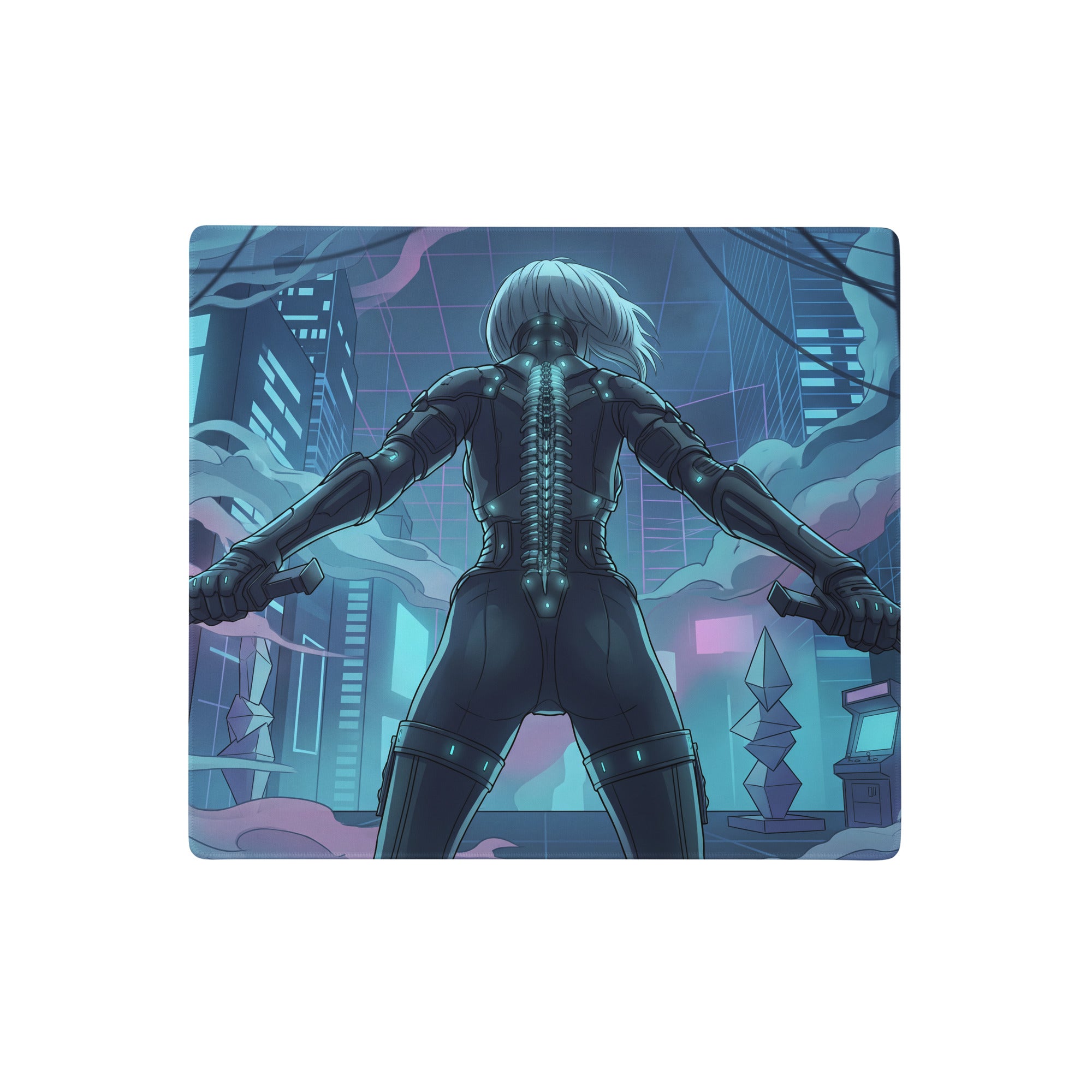 Rectangular gaming mousepad with a silver-haired character in black armor against a neon blue and purple cyberpunk cityscape