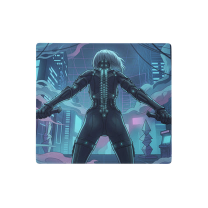 Rectangular gaming mousepad with a silver-haired character in black armor against a neon blue and purple cyberpunk cityscape