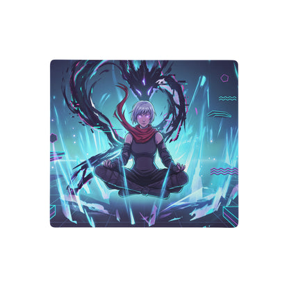 Vaporwave neon city pad rectangular gaming mousepad with vibrant silver-haired woman and neon blue purple digital effects