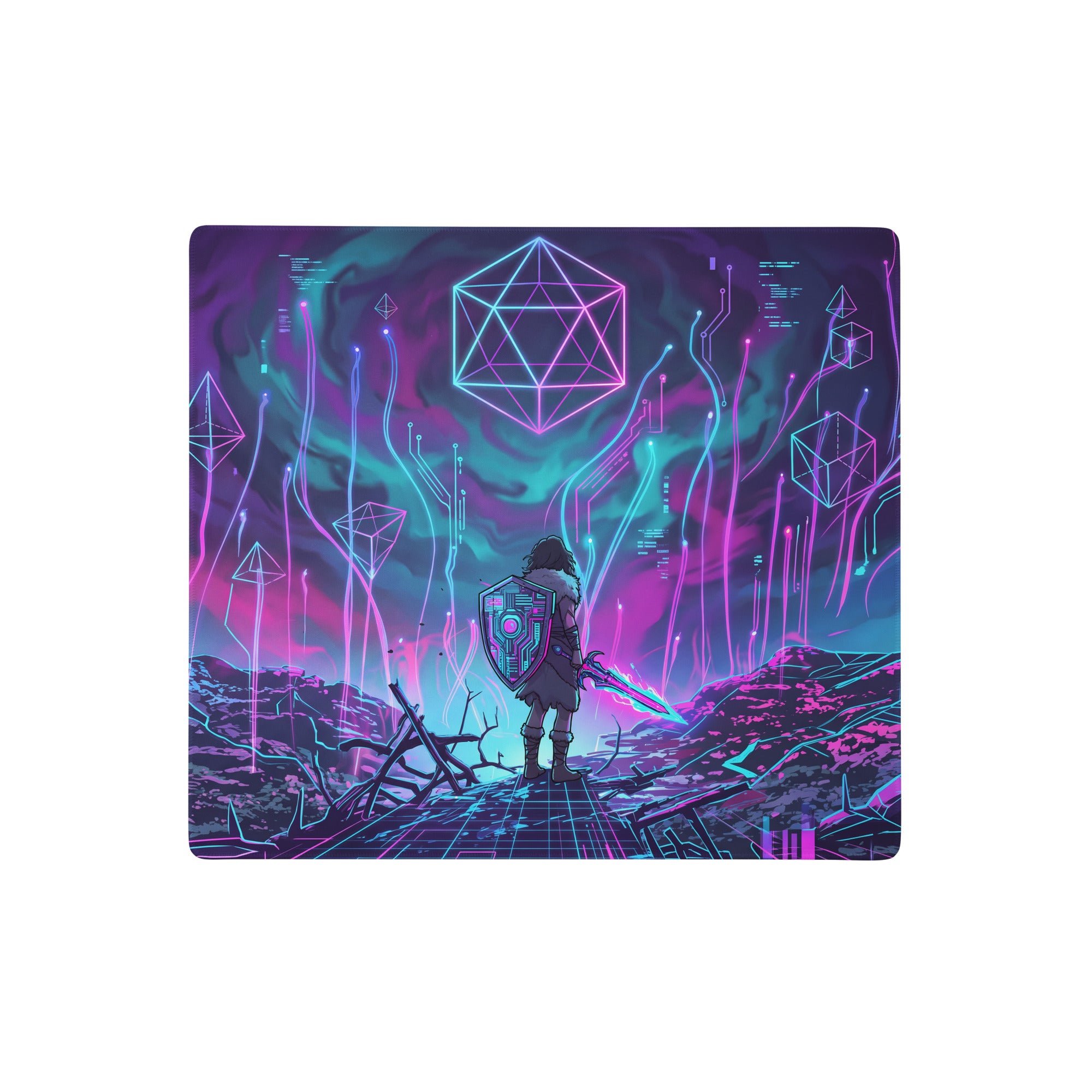 Neon vaporwave matrix mouse pad with neon pink and cyan fantasy warrior design for gaming and desk setups