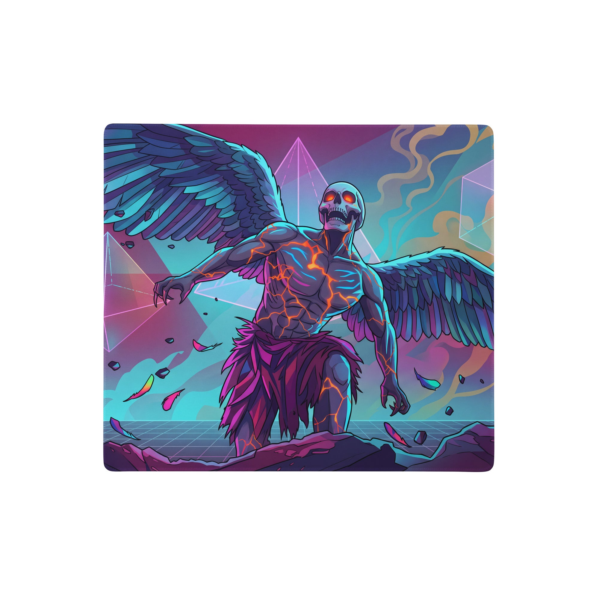 Vibrant rectangular vaporwave winged skeleton mouse pad with glowing orange veins and teal-blue wings on psychedelic backdrop