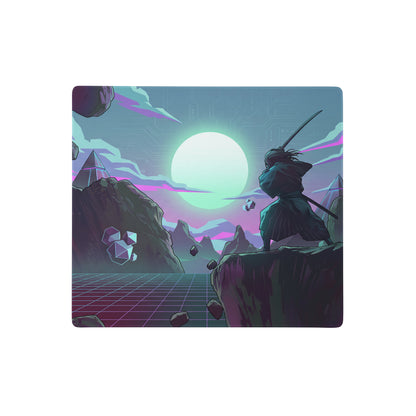 Vaporwave neon gaming desk mat featuring a ninjago samurai on a neon pink cyan retro futuristic landscape with glowing sun