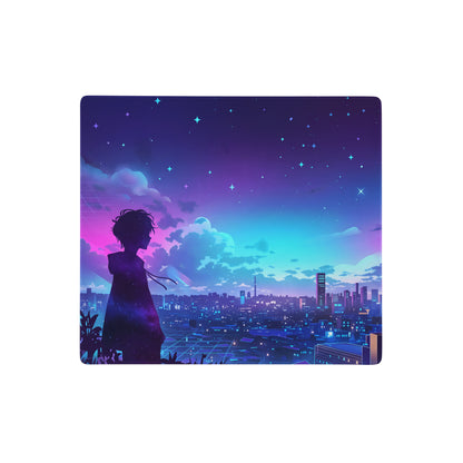 Vaporwave night city rectangular mouse pad with nebula-themed pink purple blue starry sky and cityscape silhouette