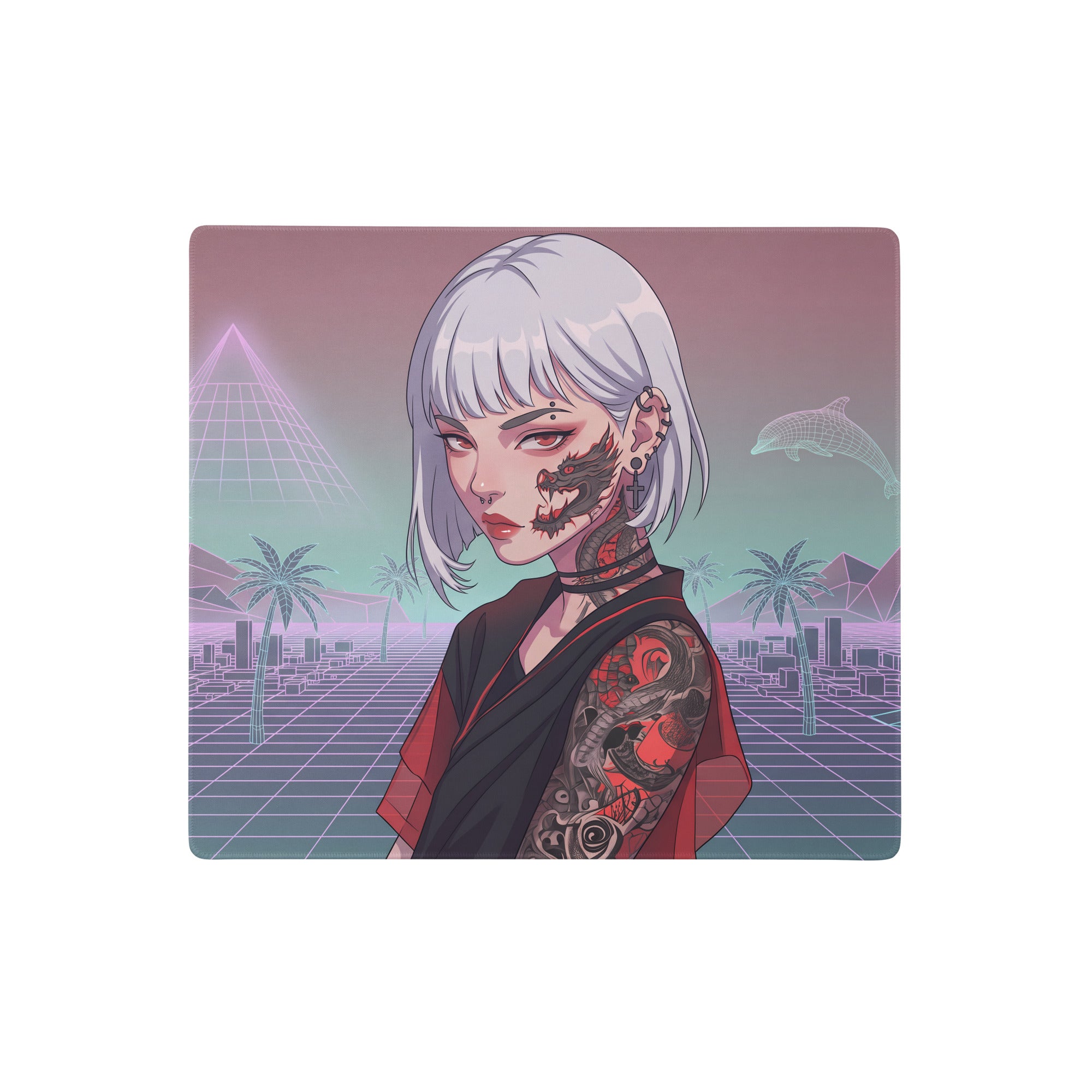 Rectangular vaporwave neon desk pad featuring a stylized silver-haired anime girl with tattoos on a retro-futuristic cityscape