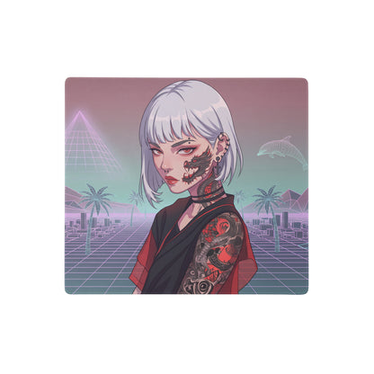 Rectangular vaporwave neon desk pad featuring a stylized silver-haired anime girl with tattoos on a retro-futuristic cityscape