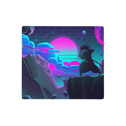 Neon vaporwave gaming mouse pad with neon pink cyan cyberpunk sunset and ninjago ninja silhouette on rocky terrain