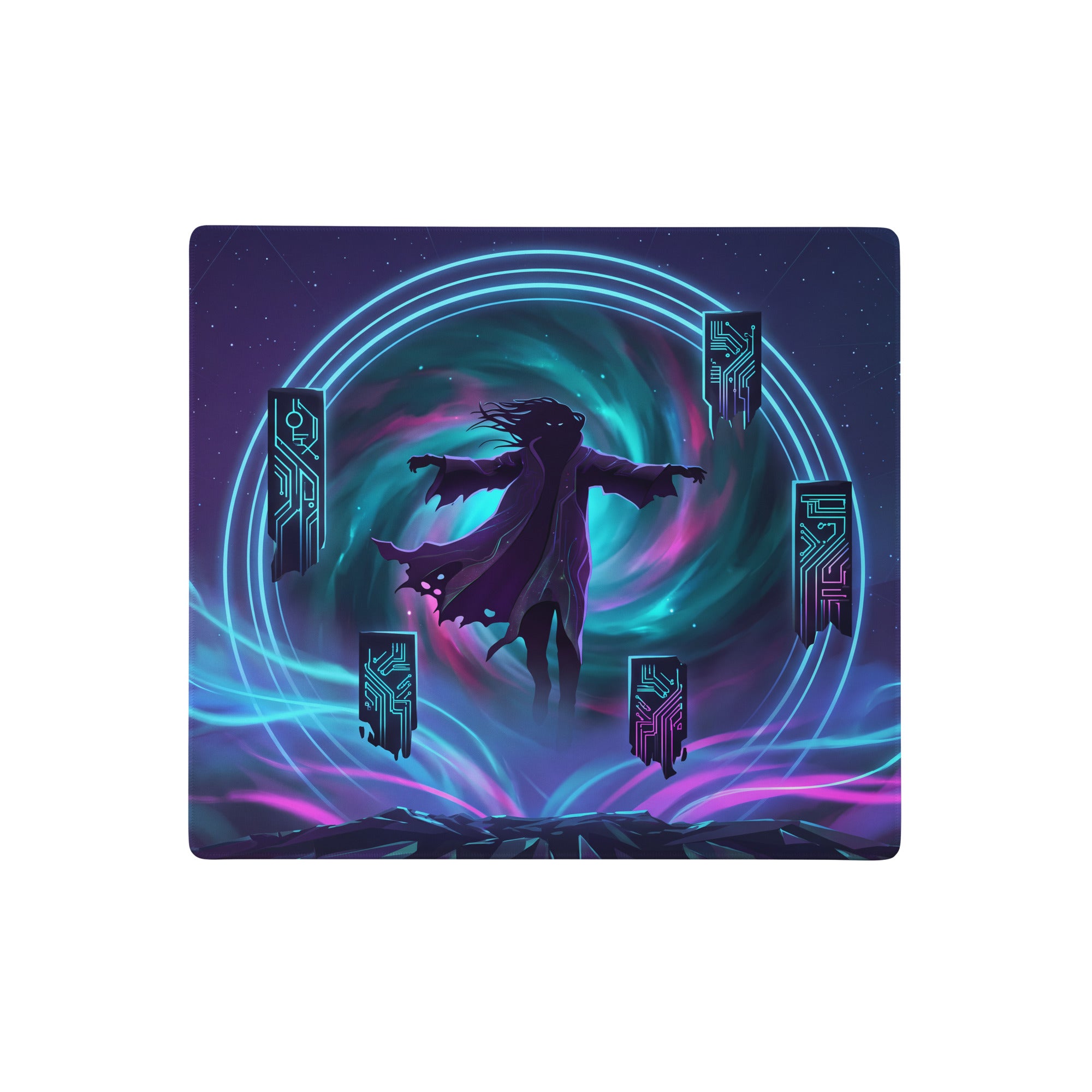 Vaporwave neon gaming mouse pad with vibrant purple and blue futuristic circuit design featuring a silhouette figure