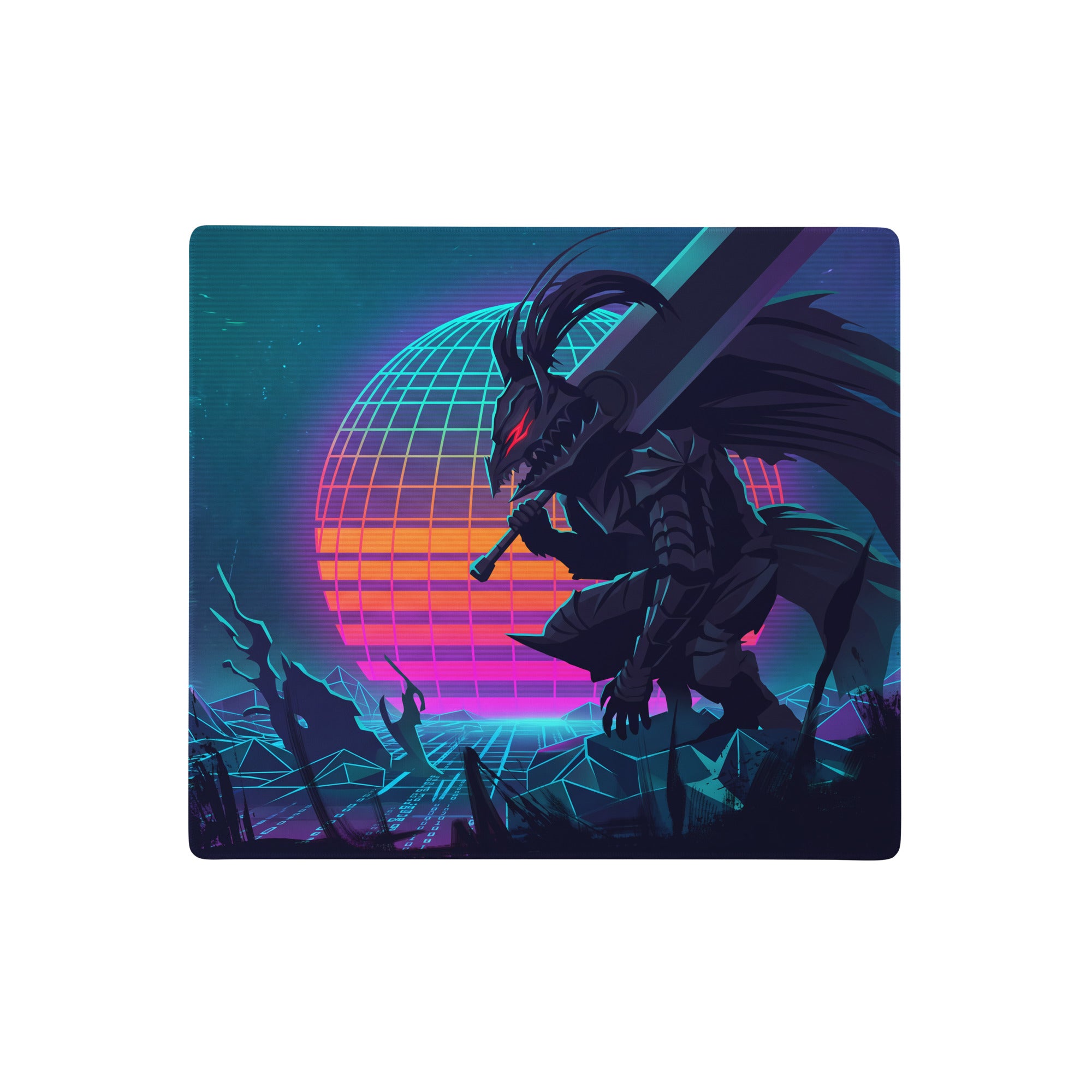 Nineteen-inch vaporwave dragon neon gaming mouse pad with dark fantasy warrior and retro-futuristic sunset colors