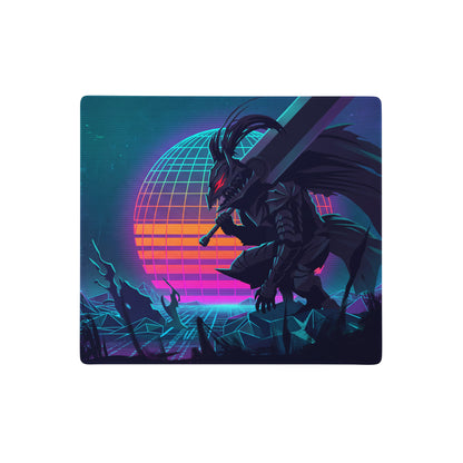 Nineteen-inch vaporwave dragon neon gaming mouse pad with dark fantasy warrior and retro-futuristic sunset colors
