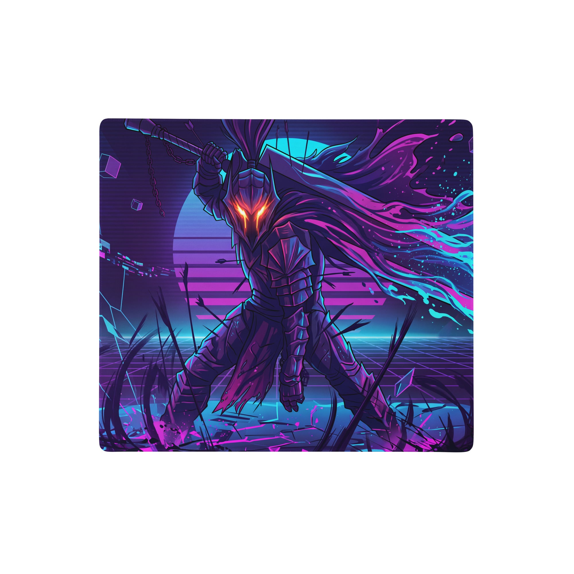 Neon knight vaporwave mouse pad with nebula theme featuring a stylized armored warrior in purple and cyan neon hues