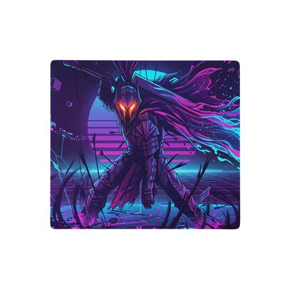 Neon knight vaporwave mouse pad with nebula theme featuring a stylized armored warrior in purple and cyan neon hues