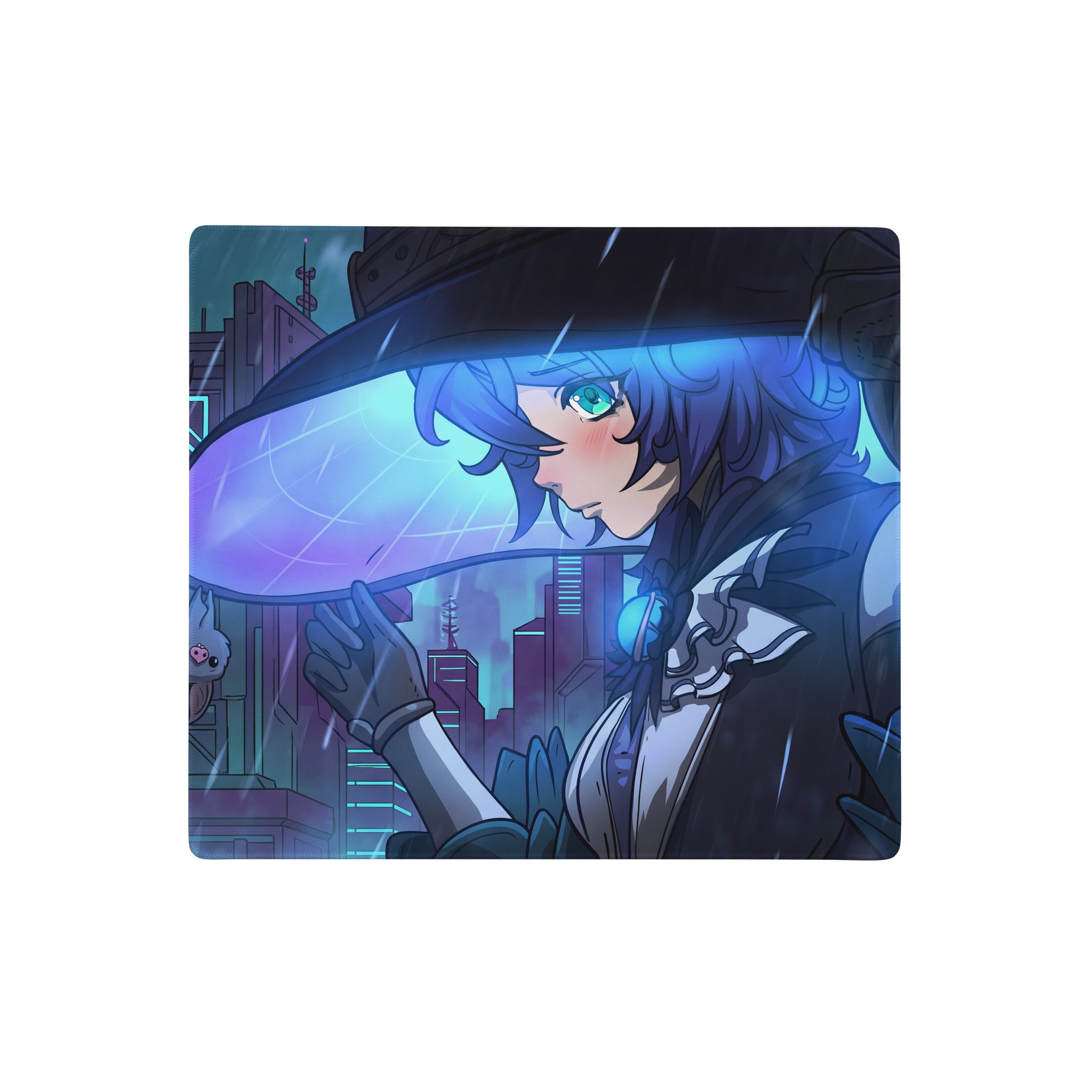 Vaporwave neon city gamer pad featuring blue-haired anime character with purple umbrella and neon cityscape design