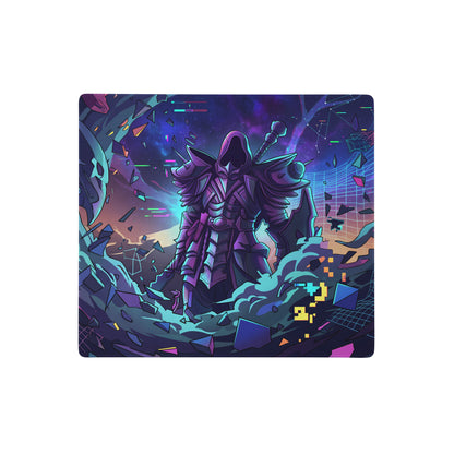 Neon vaporwave gaming mouse pad with purple nerf-style armor design glowing neon accents and pixelated digital effects