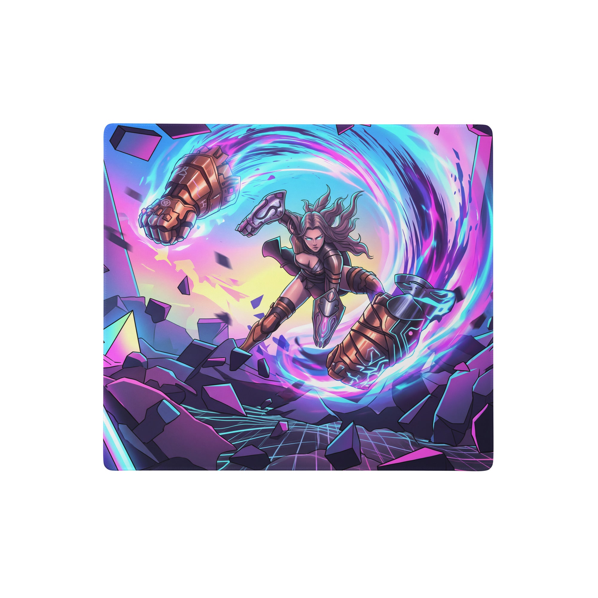 Vibrant neon pink and blue vaporwave warrior gaming mouse pad with dynamic fantasy armor and shattered geometric blocks