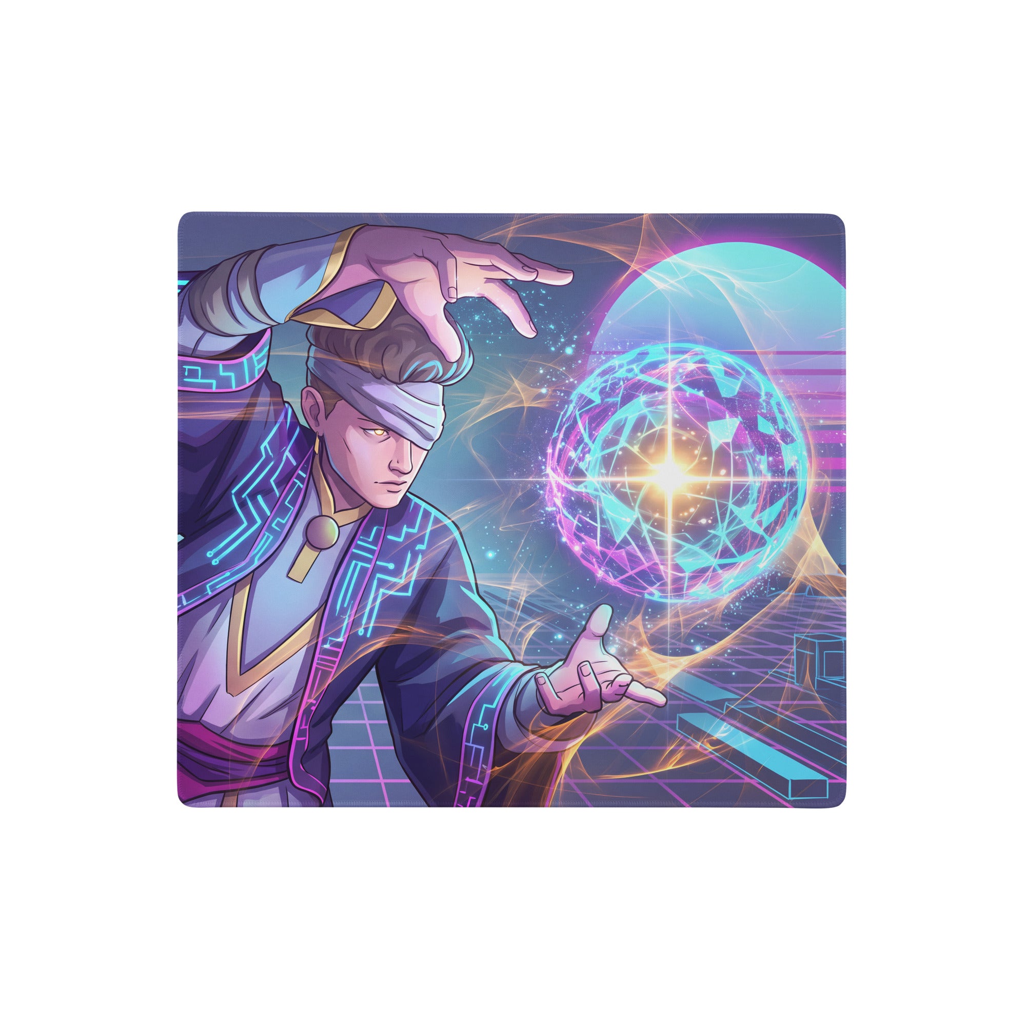 Vaporwave neon mage gaming mouse pad with nebula design, purple blue non slip large digital artwork for desk setup