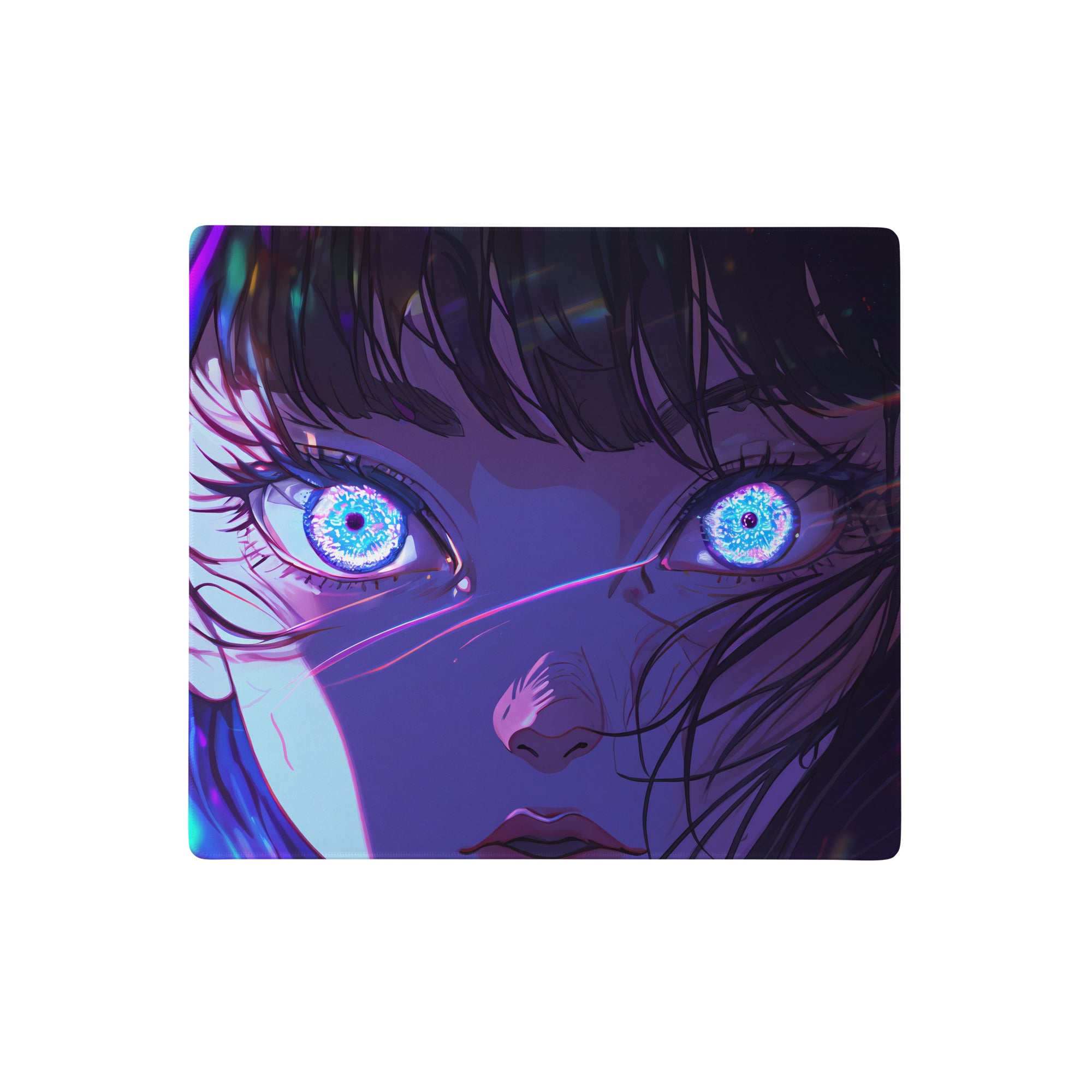 Rectangular vaporwave neon anime mouse pad with vibrant glowing blue eyes and dark purple black hair for gaming desks