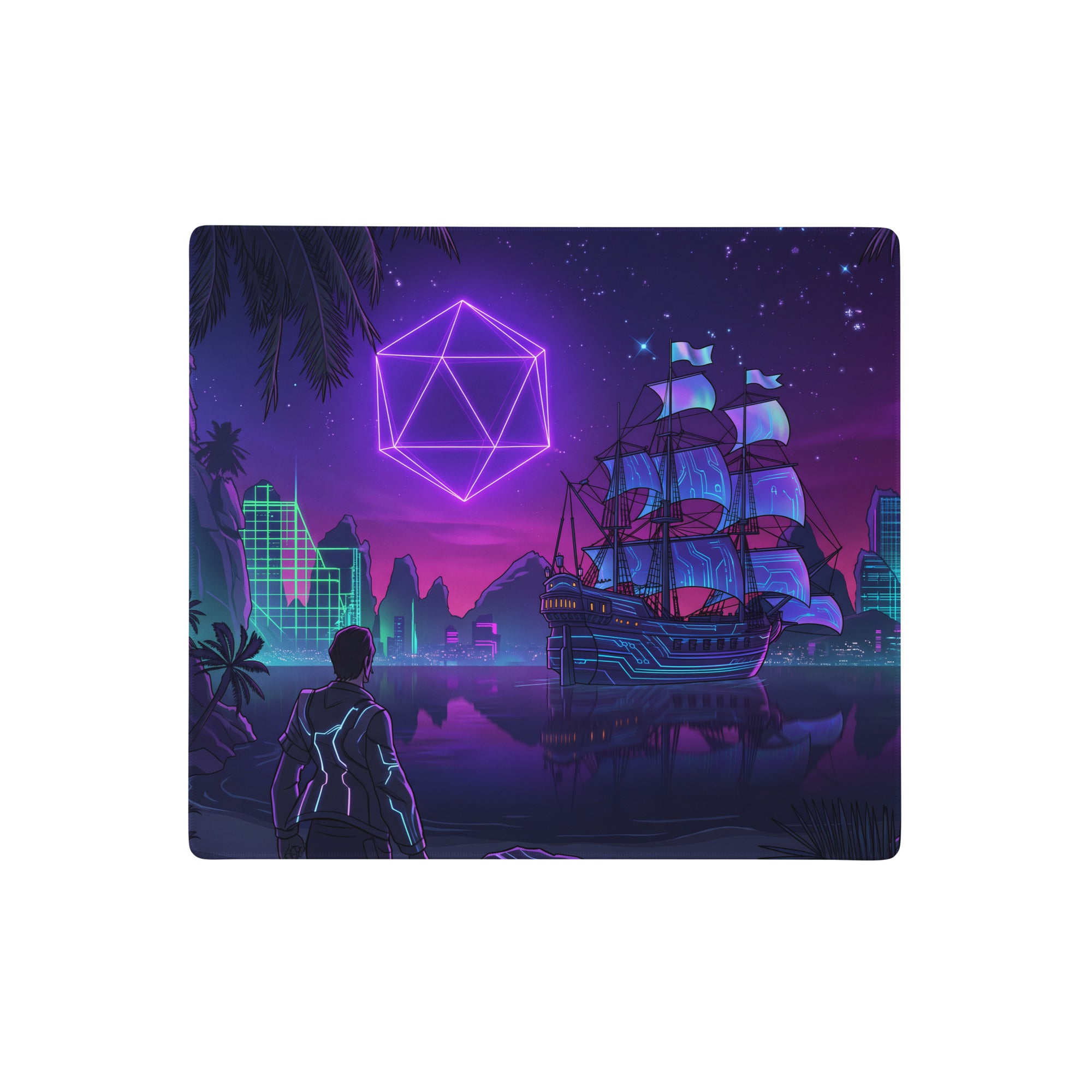 Vaporwave neon ship gaming mousepad with neon purple and teal geometric design featuring futuristic ship cityscape and palm trees