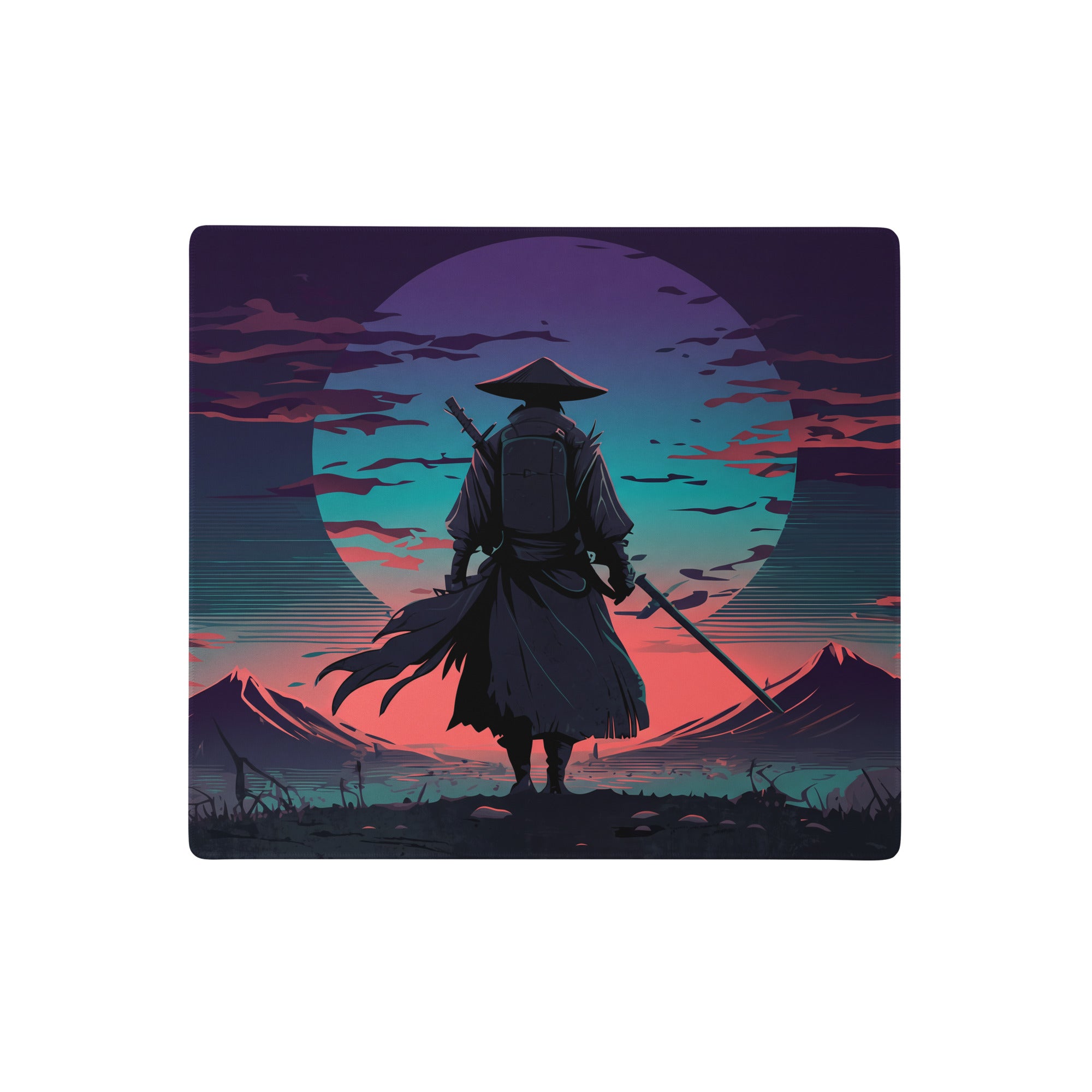 Rectangular neon samurai vaporwave pad with a stylized samurai illustration in purple pink teal for gaming desks
