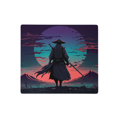 Rectangular neon samurai vaporwave pad with a stylized samurai illustration in purple pink teal for gaming desks