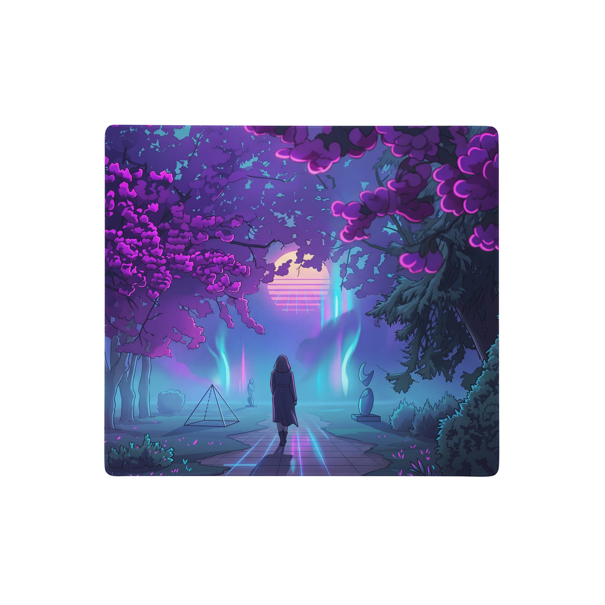 Vaporwave neon garden gaming mouse pad with nostalgic pink and purple forest scene and lone figure at glowing sunset