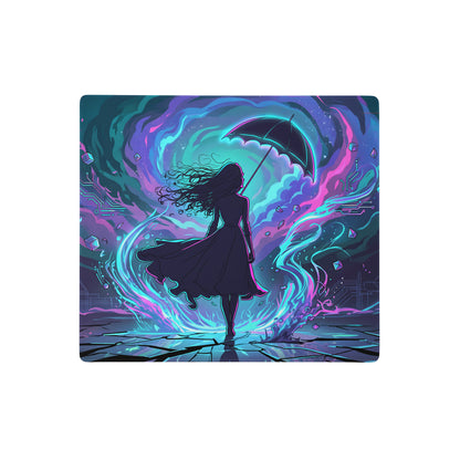 Neon pink vaporwave mouse pad with digital art of woman silhouette holding umbrella against cosmic circuit patterns