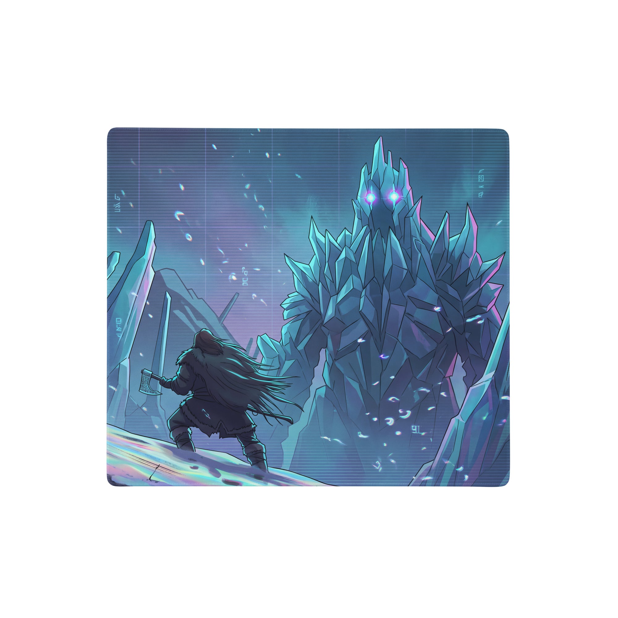 A rectangular vaporwave ice fortress gaming mousepad with blue cyan purple neon artwork of a warrior and ice monster