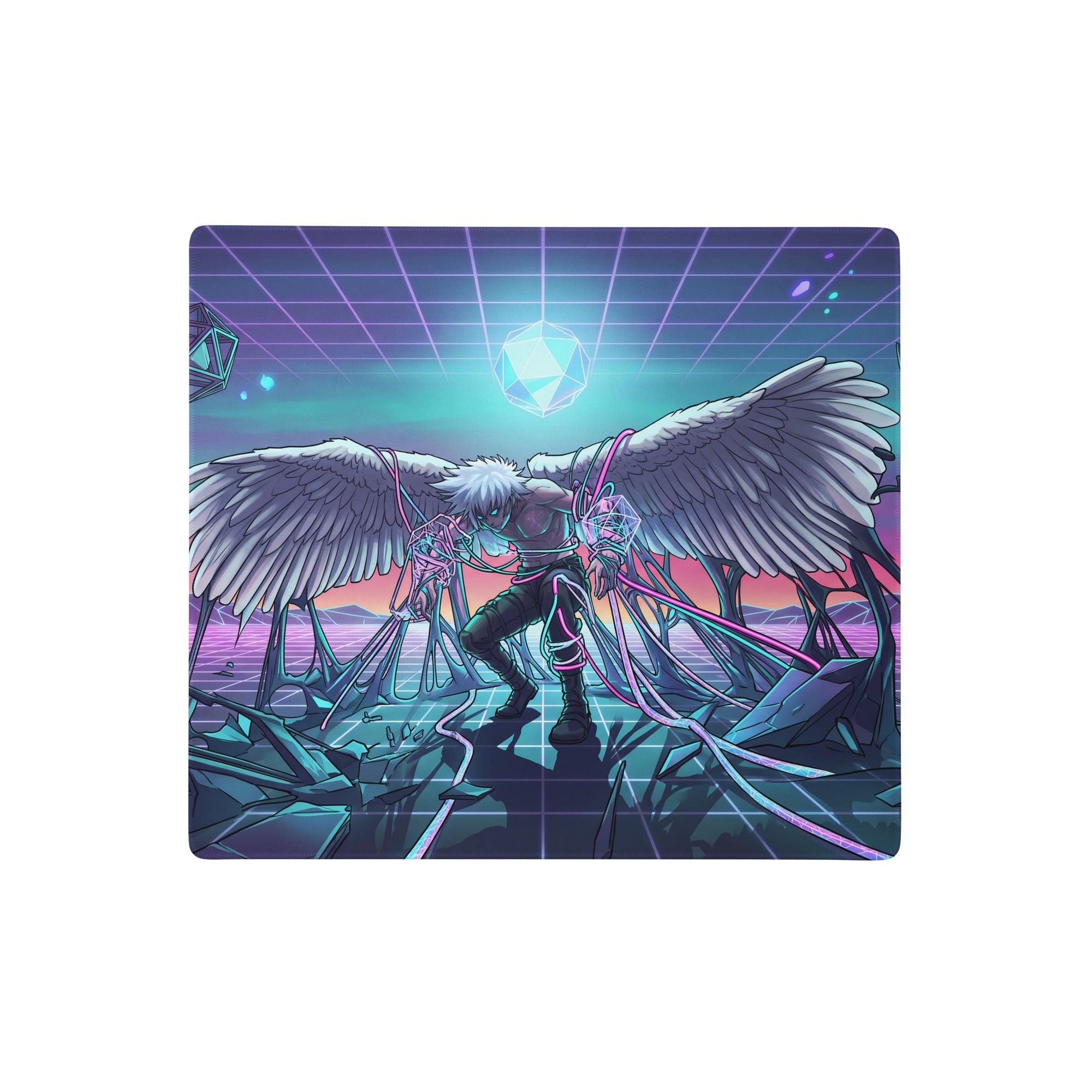 Neon wings vaporwave mouse pad with a winged anime character in neon purple pink and cyan cyberpunk design