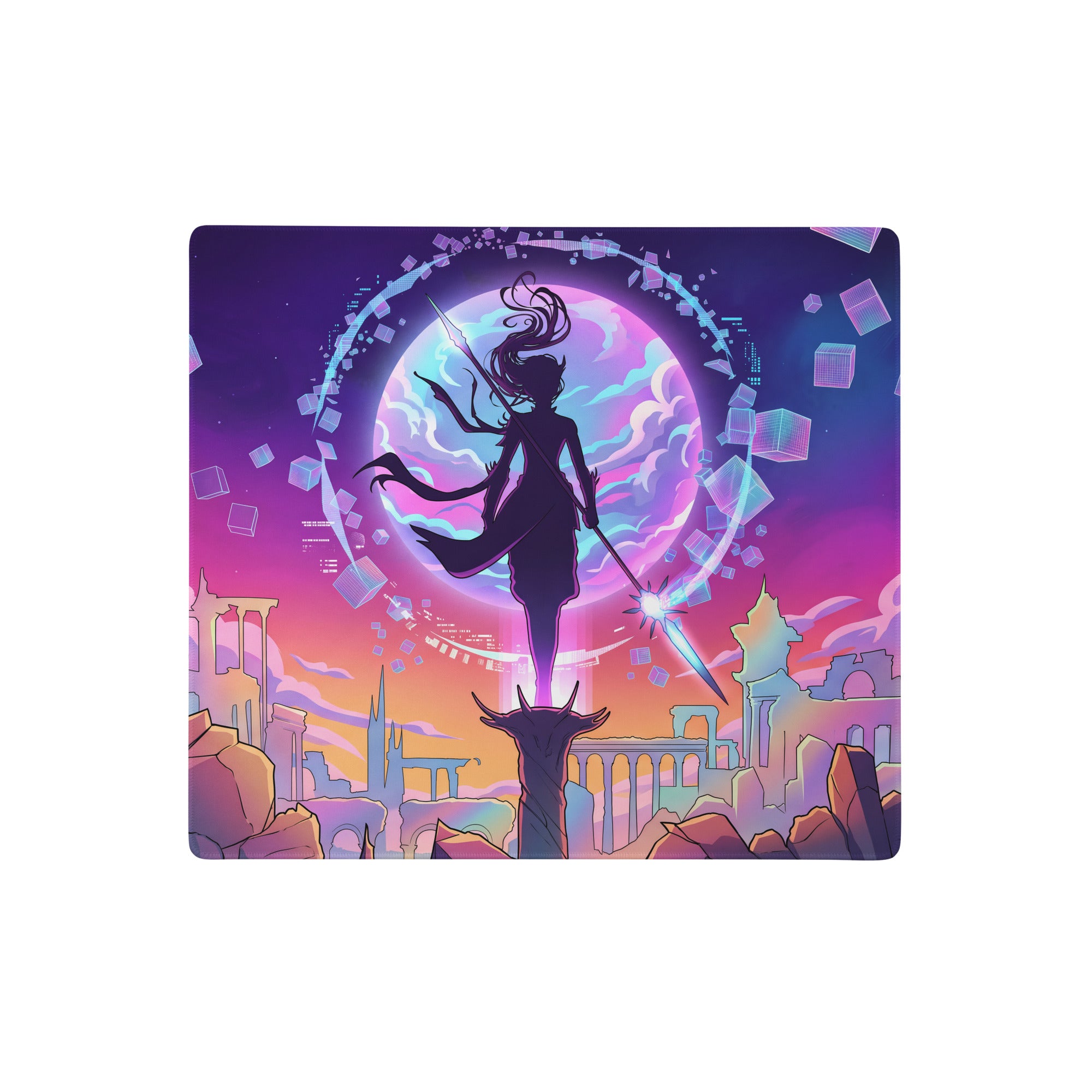 Neon vaporwave cityscape gaming mouse pad with nebula-themed warrior silhouette purple cosmic design on fabric surface