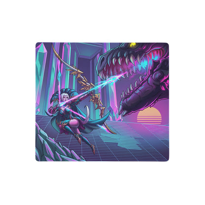 Ninety-degree angled rectangular gaming mousepad with vibrant retro-futuristic design of female archer and purple dinosaur