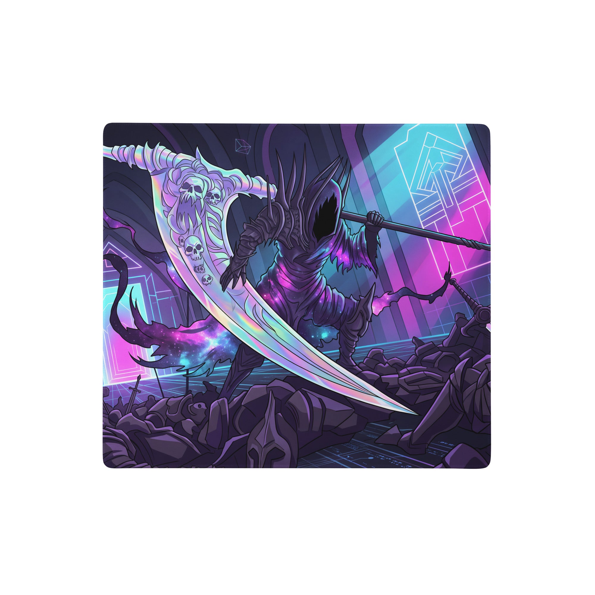 Neon grim reaper mouse pad with vibrant neon pink and cyan digital art featuring a skeletal reaper and iridescent scythe