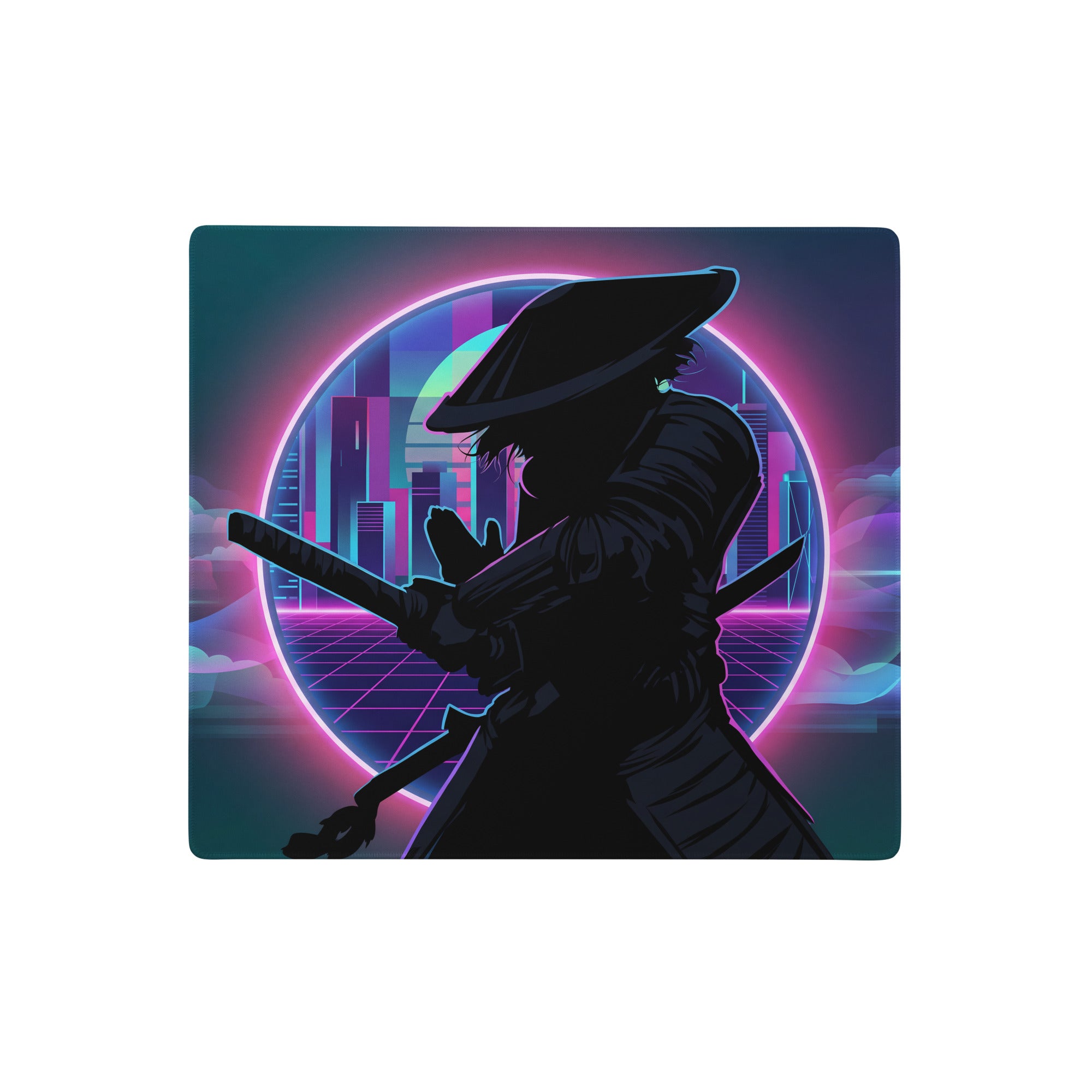 Neon vaporwave gaming mouse pad with nebula theme featuring samurai silhouette and neon cityscape in pink purple blue