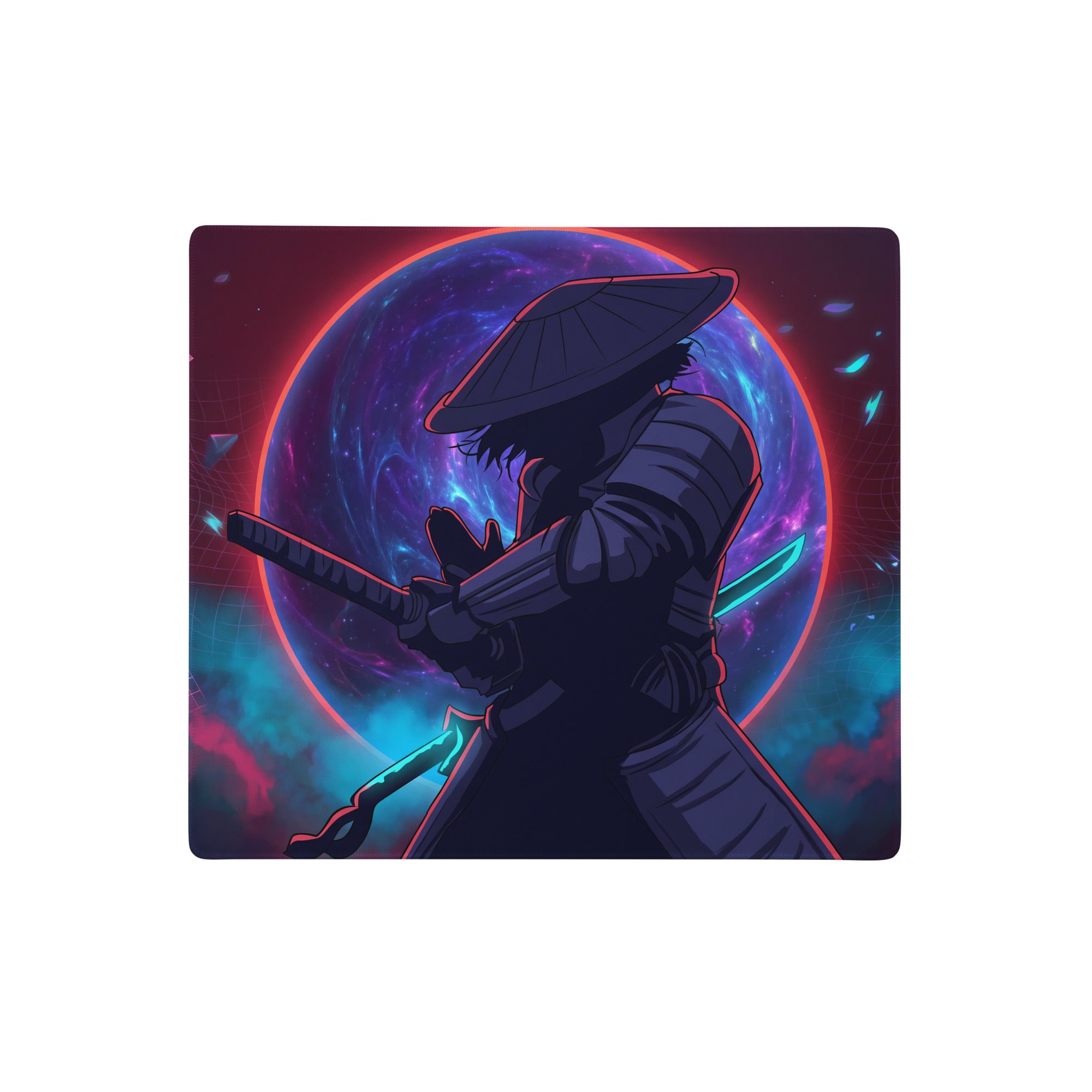 Neon vaporwave samurai mouse pad featuring a ninja silhouette with glowing swords on a cosmic neon purple and blue background