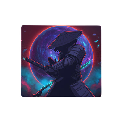 Neon vaporwave samurai mouse pad featuring a ninja silhouette with glowing swords on a cosmic neon purple and blue background
