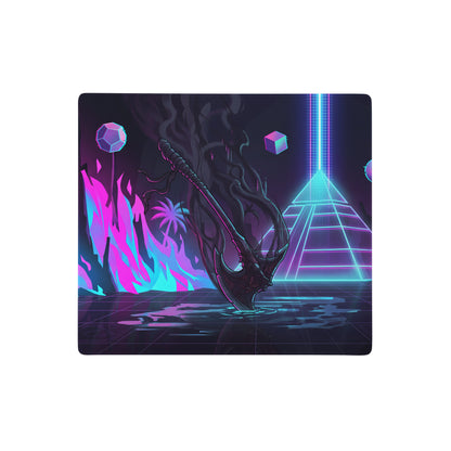 Neon vaporwave dragon pad digital gaming mousepad with neon pink cyan glowing pyramid floating cubes and dark axe design