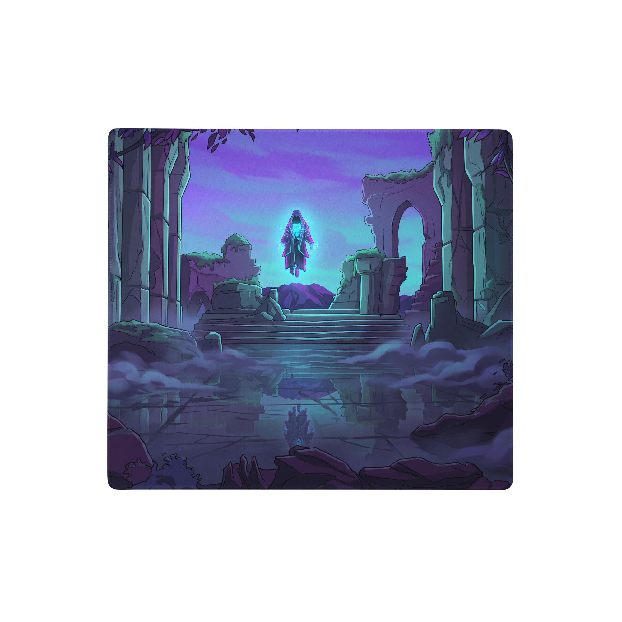 Purple and teal neon vaporwave odyssey mouse pad featuring a mystical figure above ancient ruins for gaming desk use