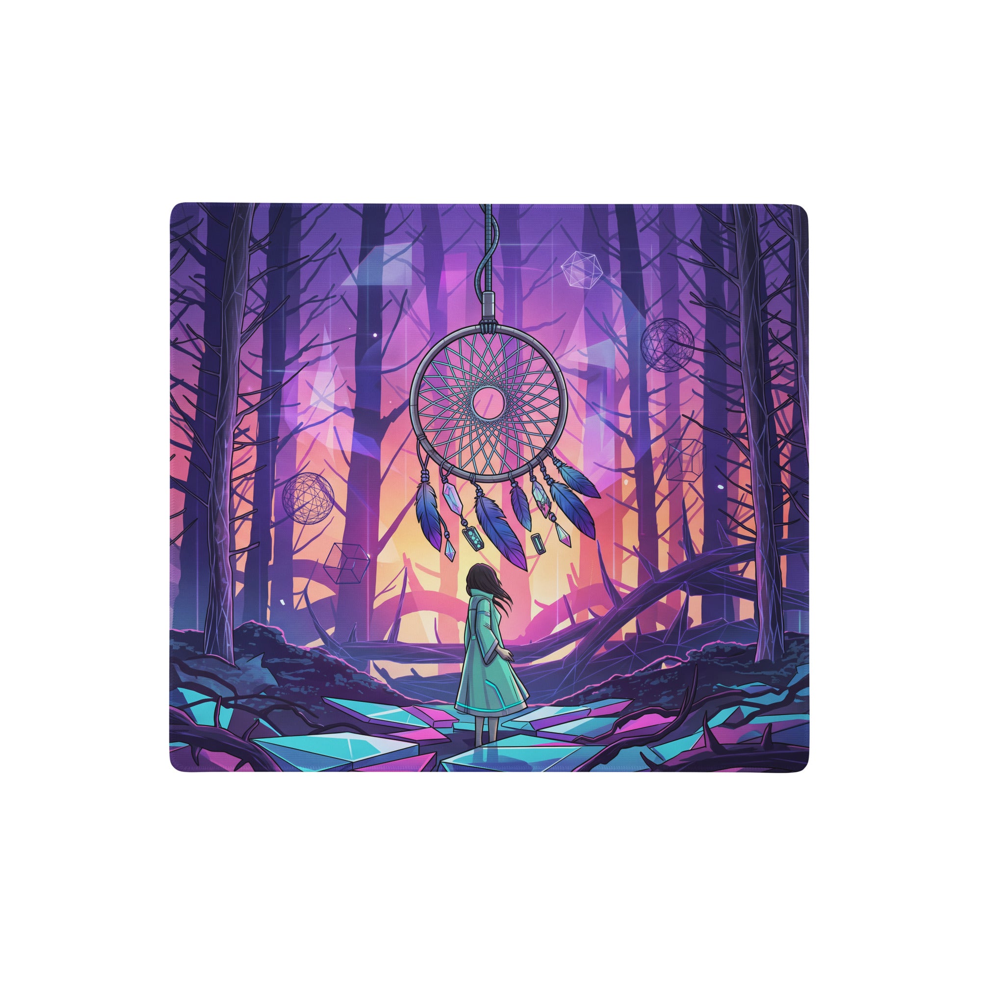 A rectangular gaming mousepad with a vibrant purple pink dreamcatcher design in a neon forest aesthetic digital art