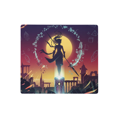 Rectangular vaporwave sunset neon mouse pad with anime warrior, vibrant purple pink yellow colors, non slip gaming design
