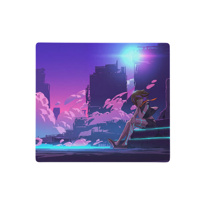 Vaporwave neon city rectangular mouse pad with nebula theme featuring anime character and purple pink neon cityscape