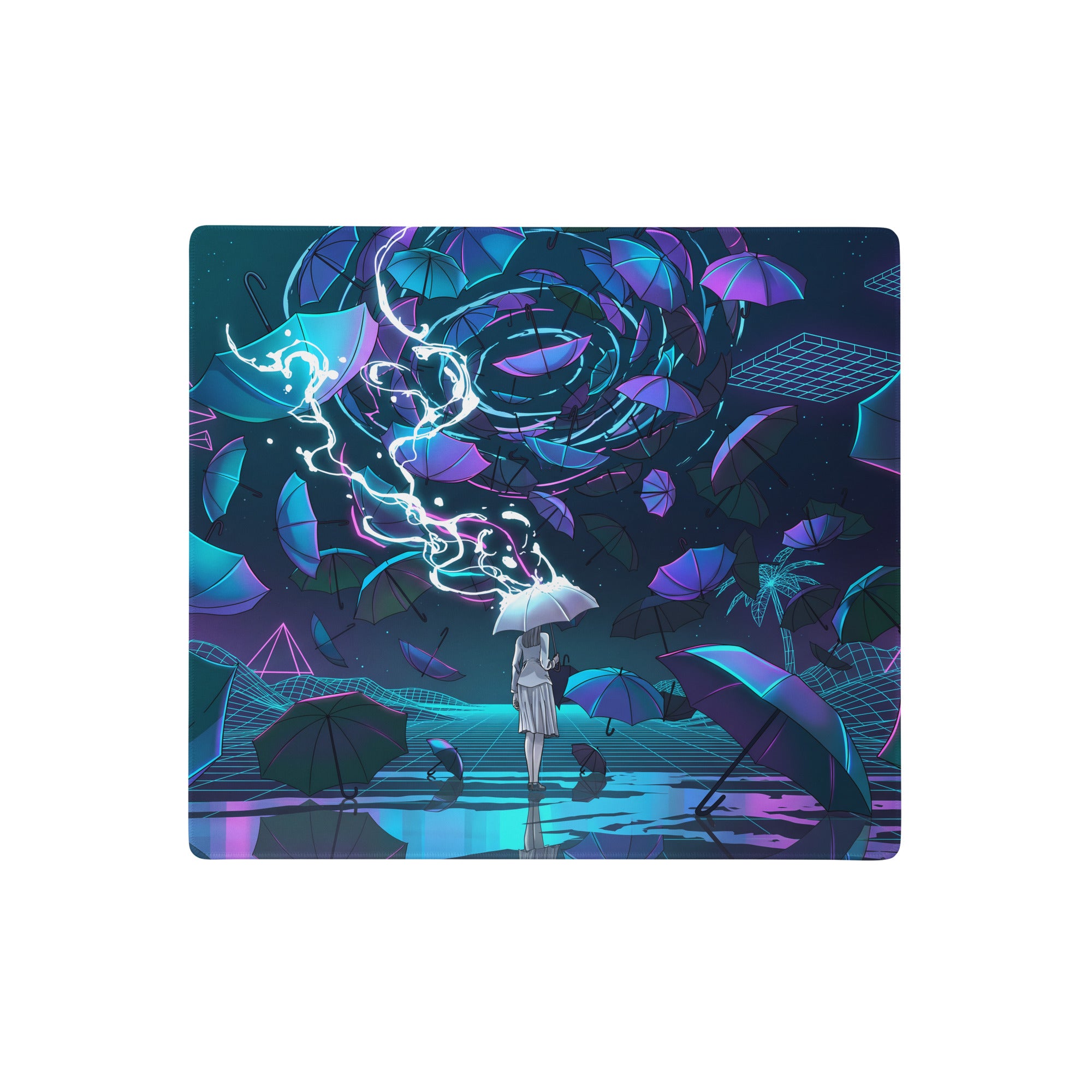Nebulas-themed gaming mousepad featuring a surreal figure with neon umbrellas and glowing energy lines in blue pink vaporwave tones