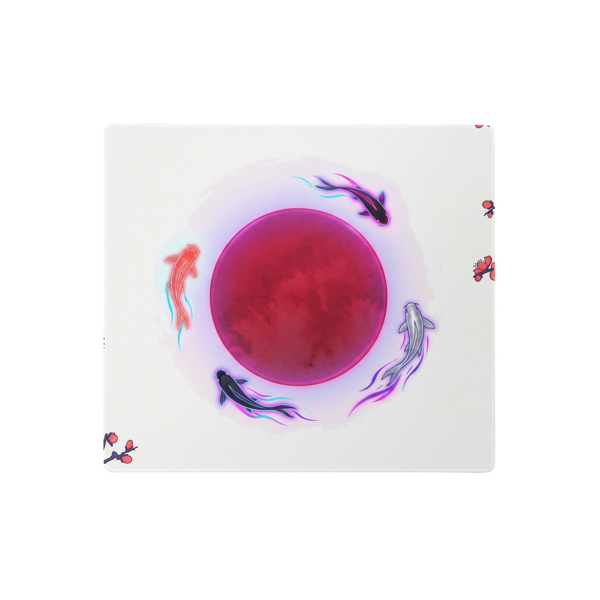 A square white vaporwave neon koi mouse pad with a red circle and four colorful glowing koi fish for retro gaming