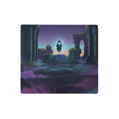 Rectangular gaming mousepad featuring a cloaked figure above ancient ruins with neon purple blue energy effects