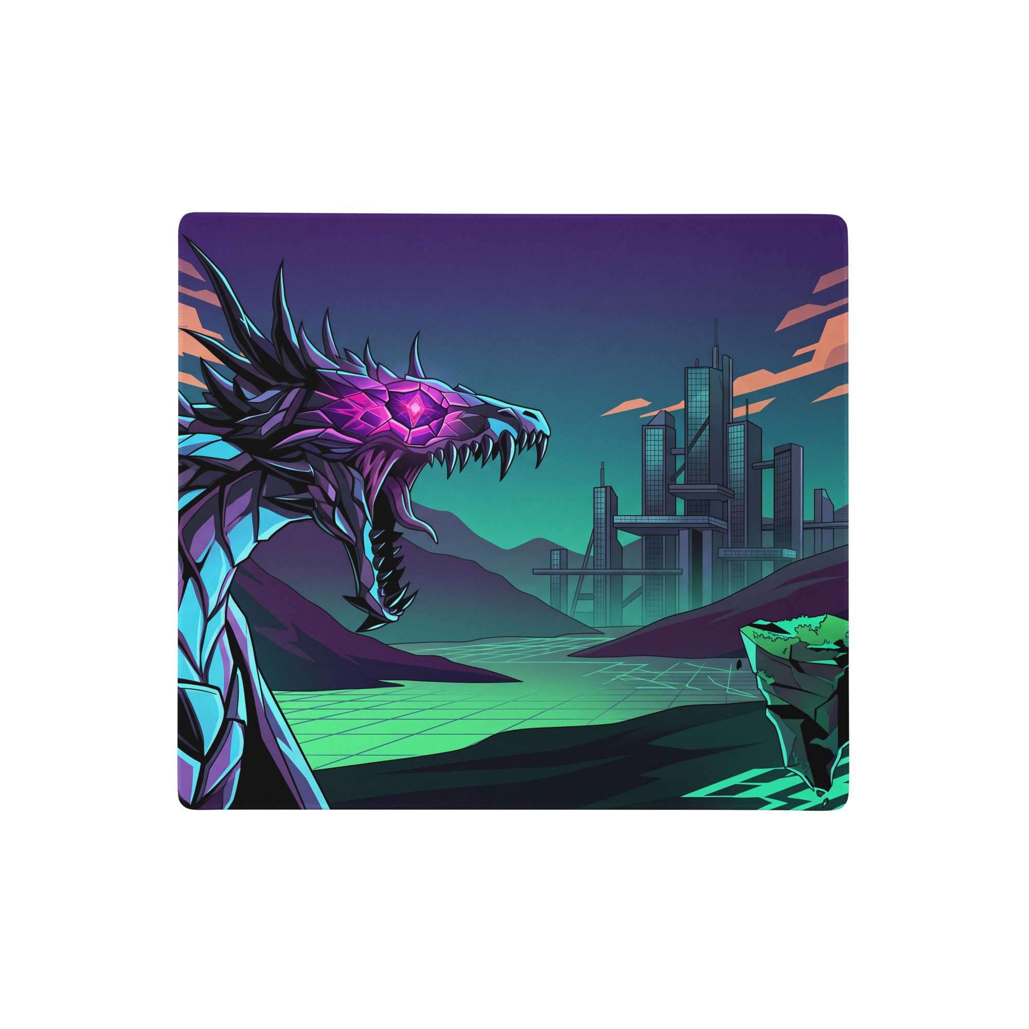 Neon dragon vaporwave rectangular gaming mousepad with vibrant purple teal dragon and futuristic cityscape design