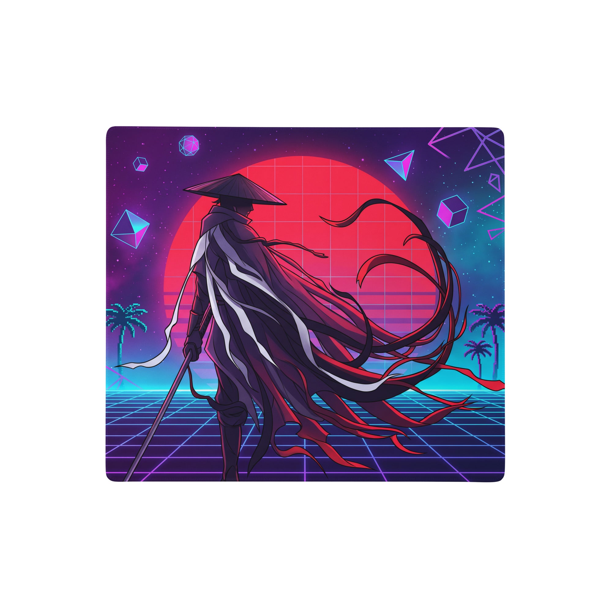 Vaporwave neon samurai gaming mousepad with black and red stylized ninja and vibrant neon purple pink blue cyberpunk background