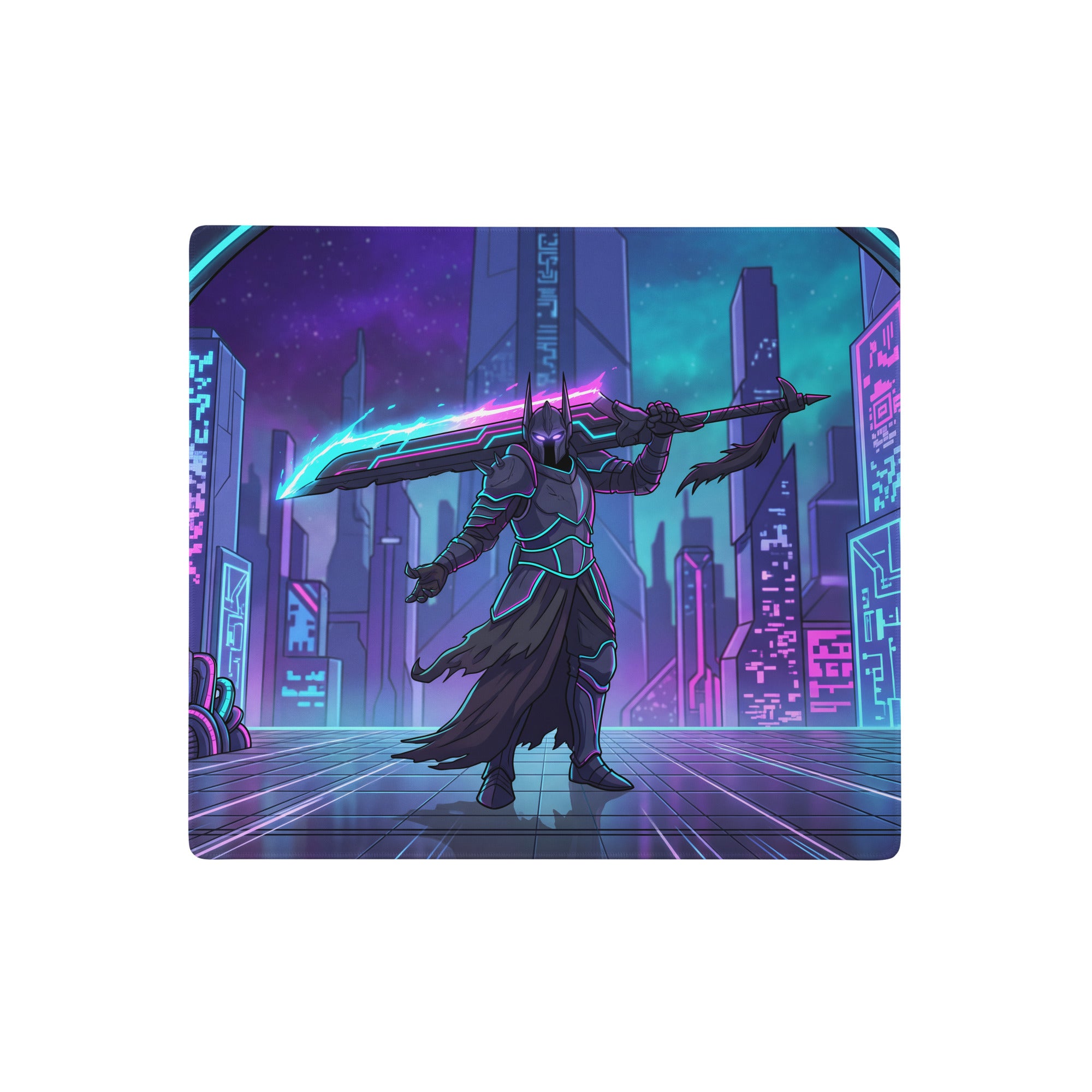 Neon night vaporwave gaming mouse pad with nebula theme featuring armored warrior and glowing sword in neon pink cyan purple