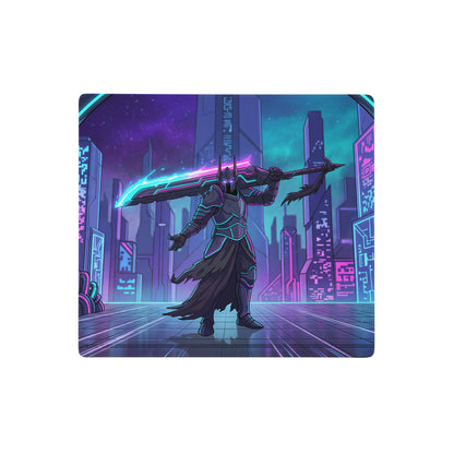 Neon night vaporwave gaming mouse pad with nebula theme featuring armored warrior and glowing sword in neon pink cyan purple
