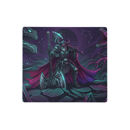 Vaporwave neon dragon battle gaming mouse pad with dark purple teal color and viking warrior holding glowing axe design
